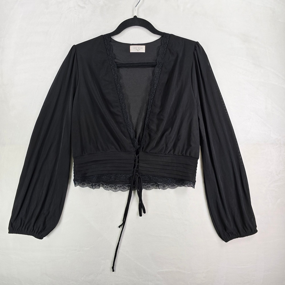 Ivy Rose Black Lace Trim Crop Top Long Sheer Sleeve V-Neck XL